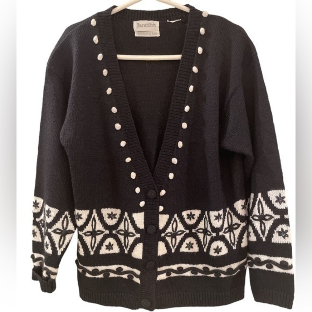 VINTAGE Jantzen black embroidered by hand woman’s cardigan sequins accent M/L